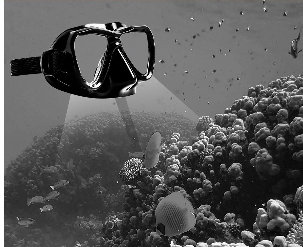 Diving mask over an underwater scene with coral and fish
