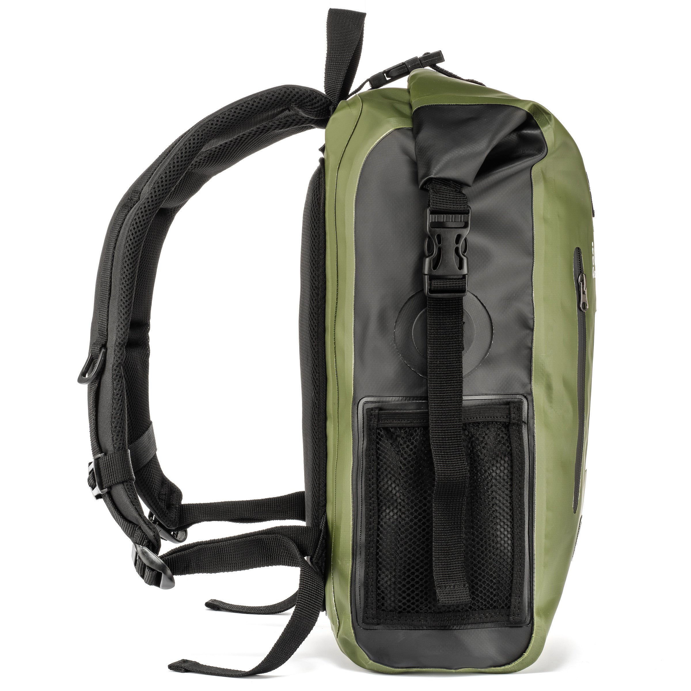 Green backpack with black accents on a white background