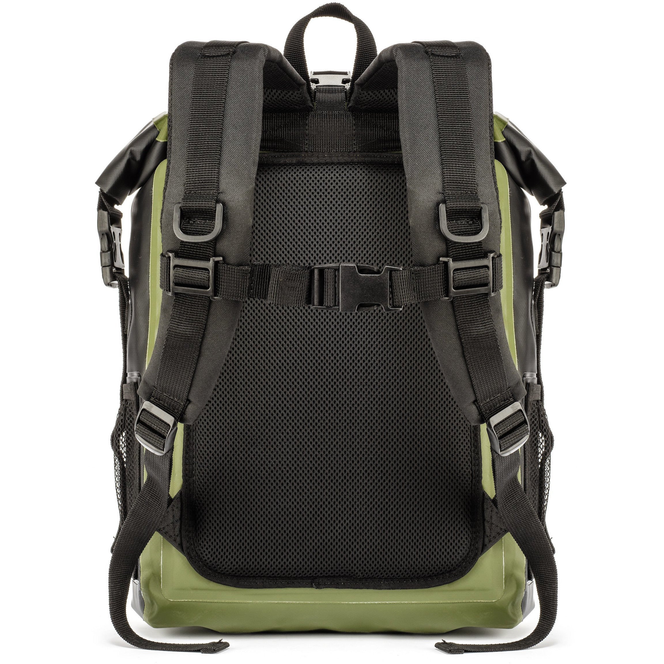 Back view of a black and green backpack with straps on a white background