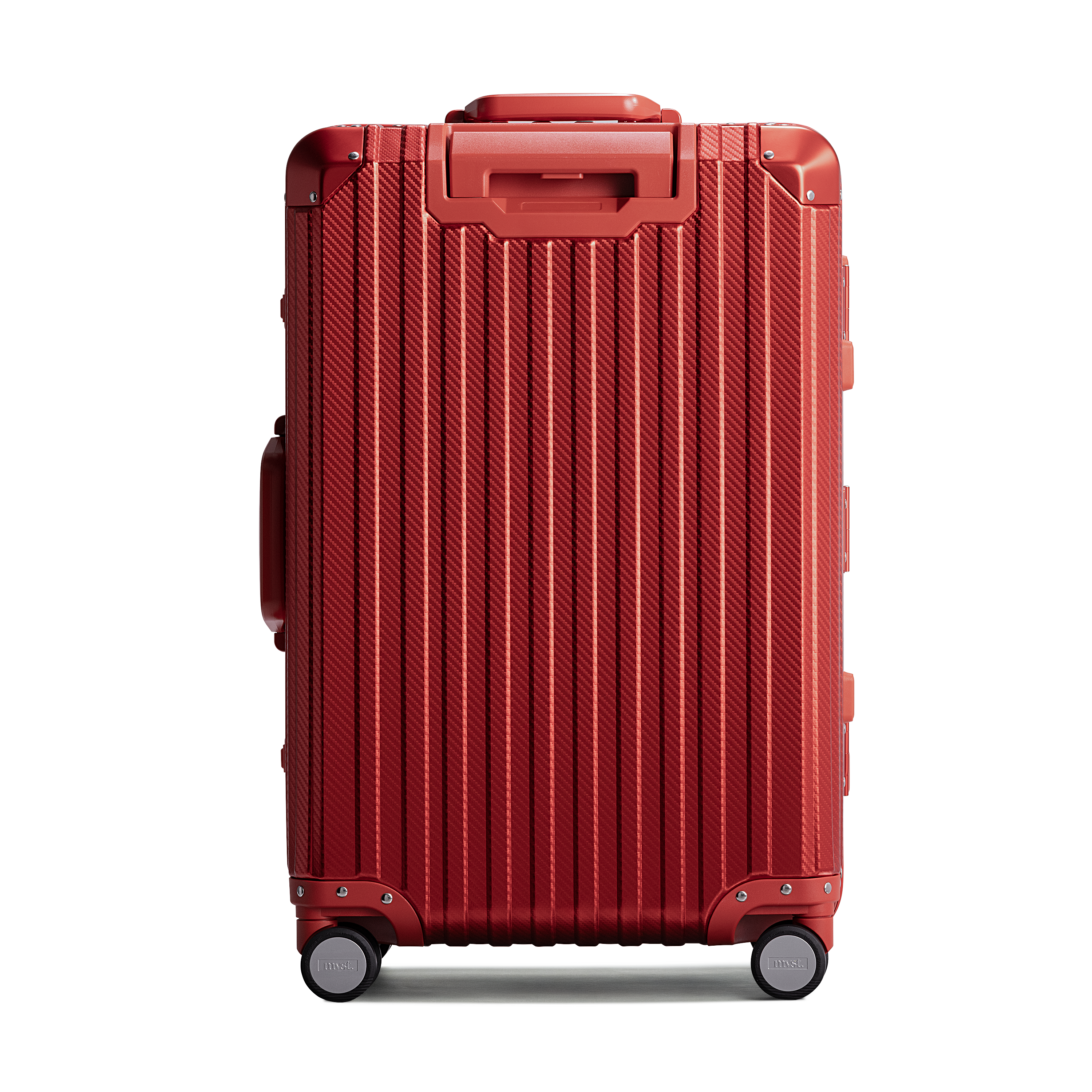 Red suitcase with a textured surface on a white background