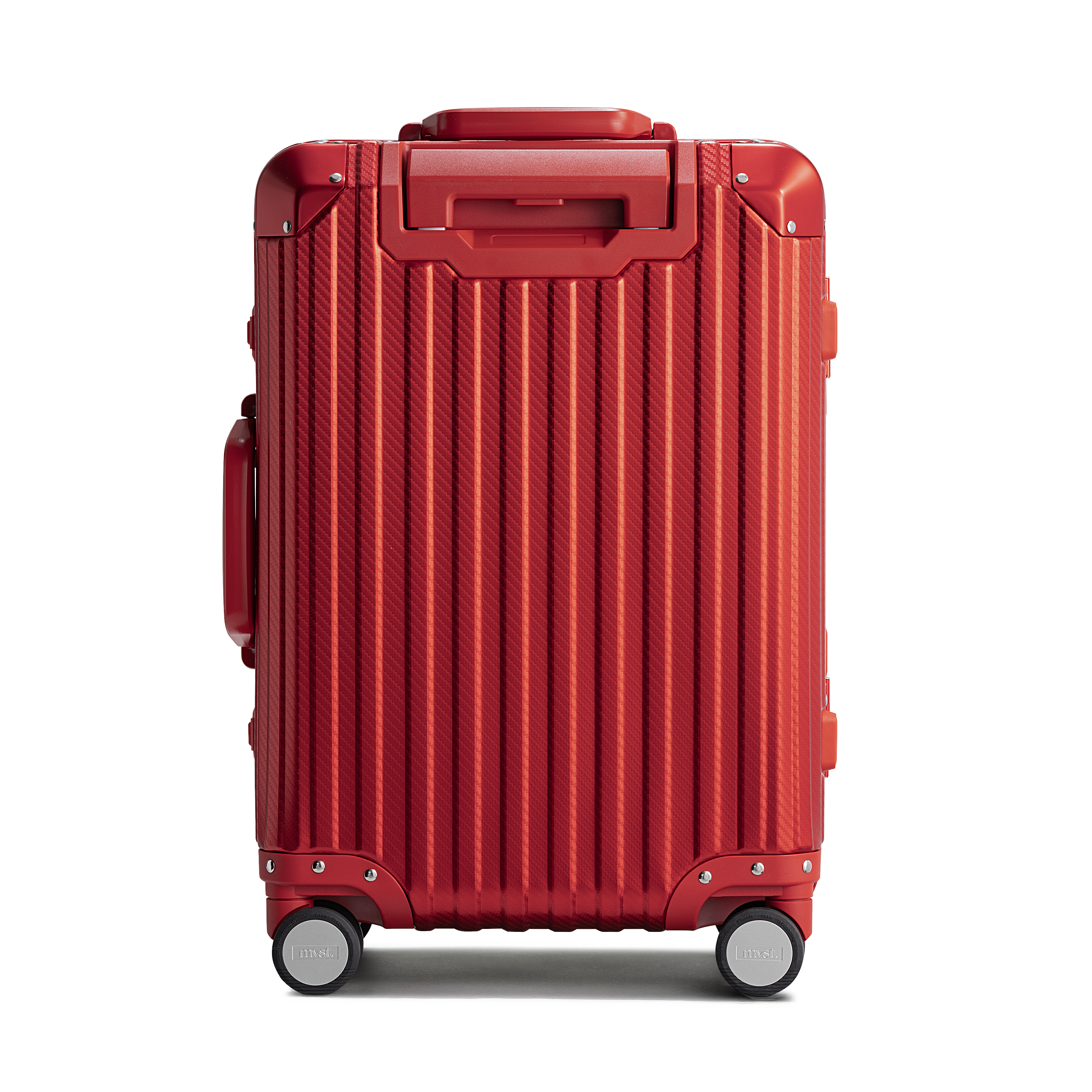 Red suitcase with a textured surface on a white background
