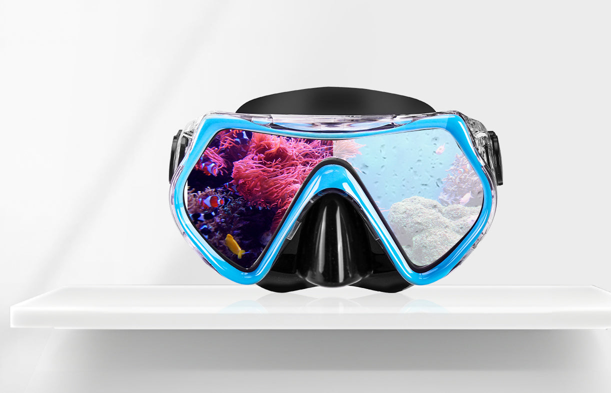 Diving mask with a colorful underwater scene on a white background