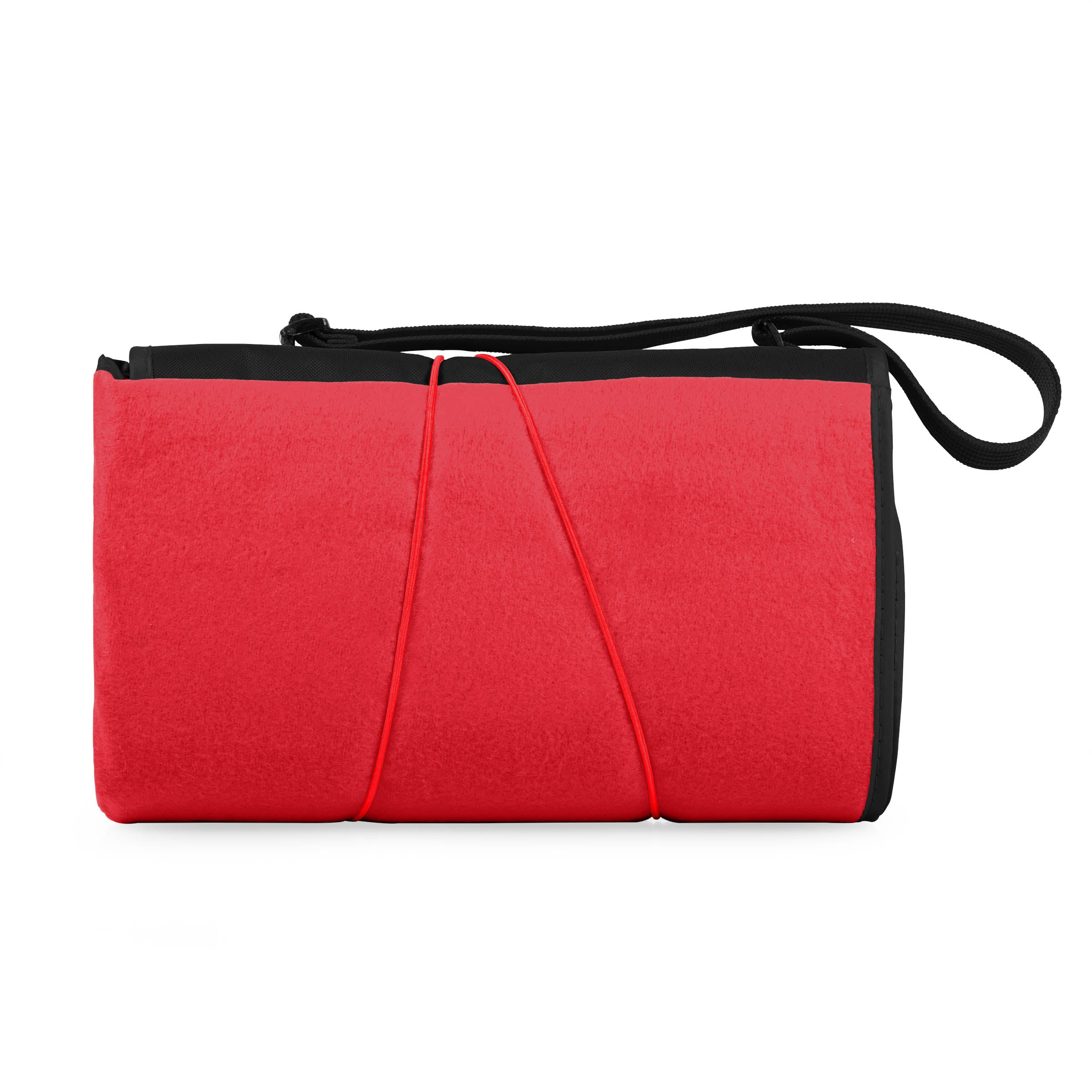 Red bag with a black strap on a white background