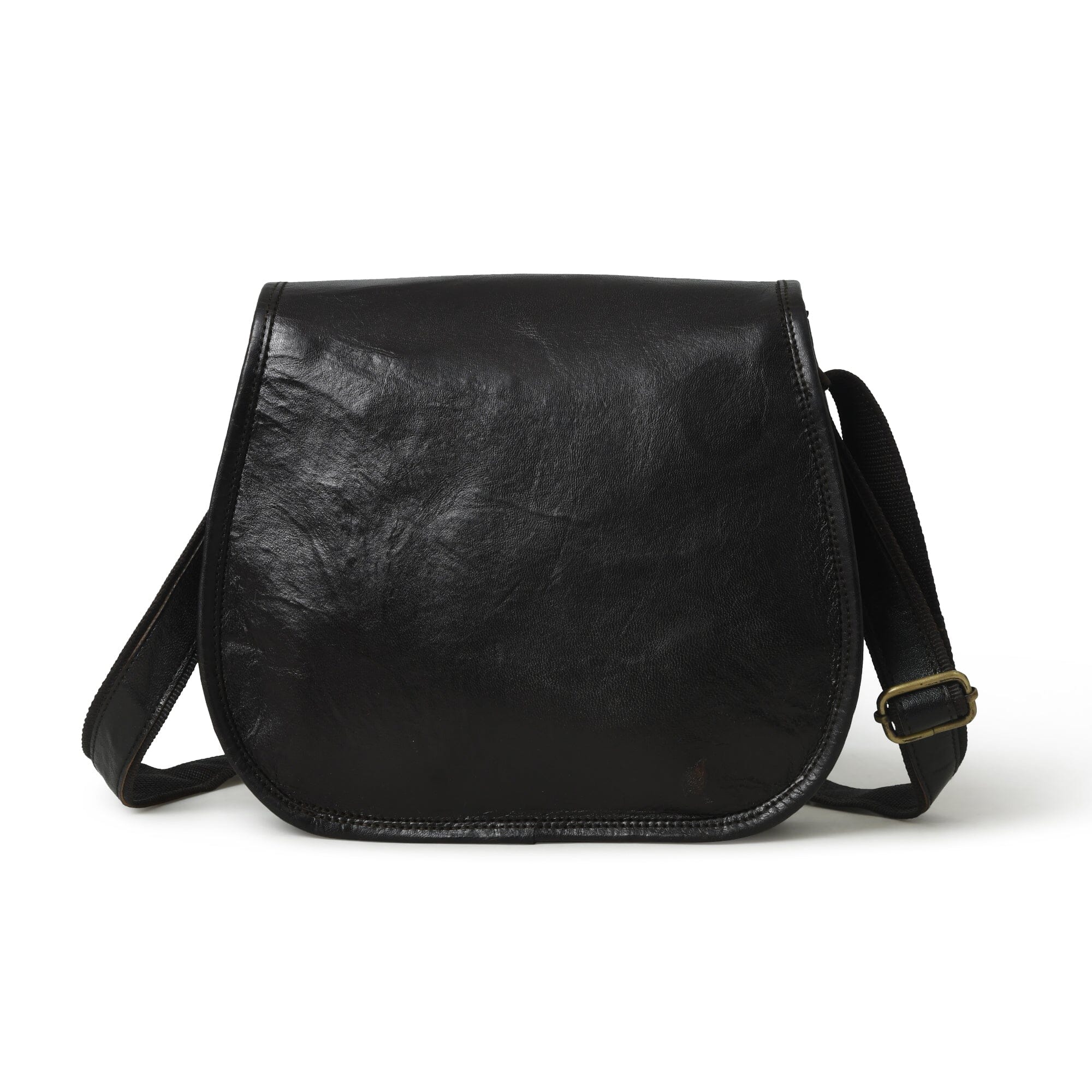 Black leather crossbody bag on a white background