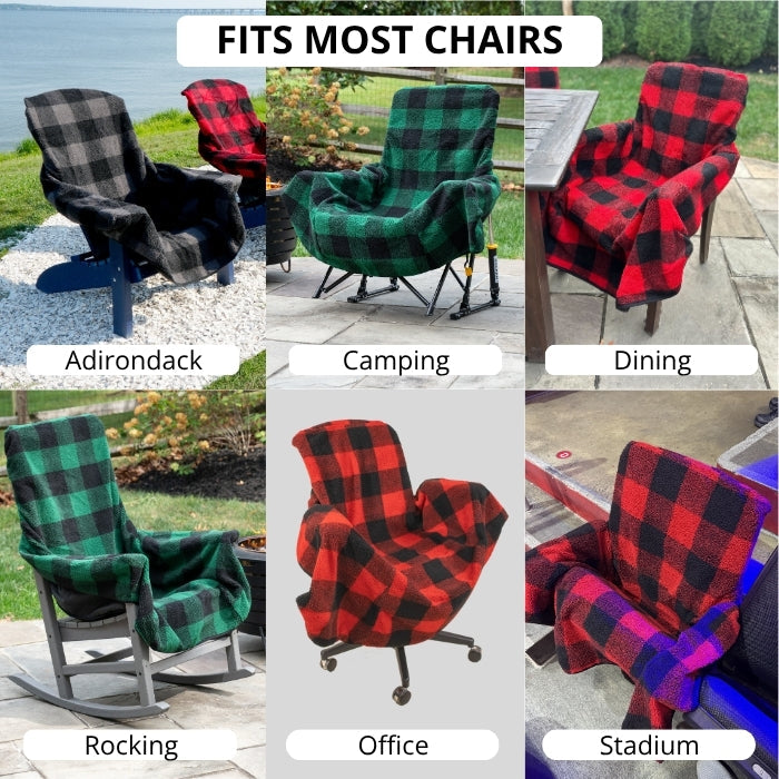 Plaid chair covers in various styles and colors on different types of chairs outdoors.
