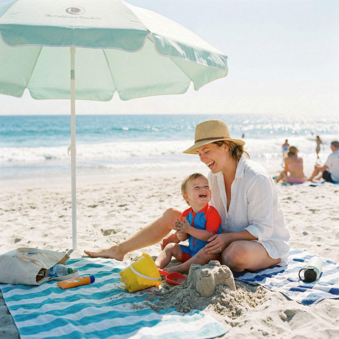 Woman and child sitting on a beach under an umbrella with sandcastle and beach toys.