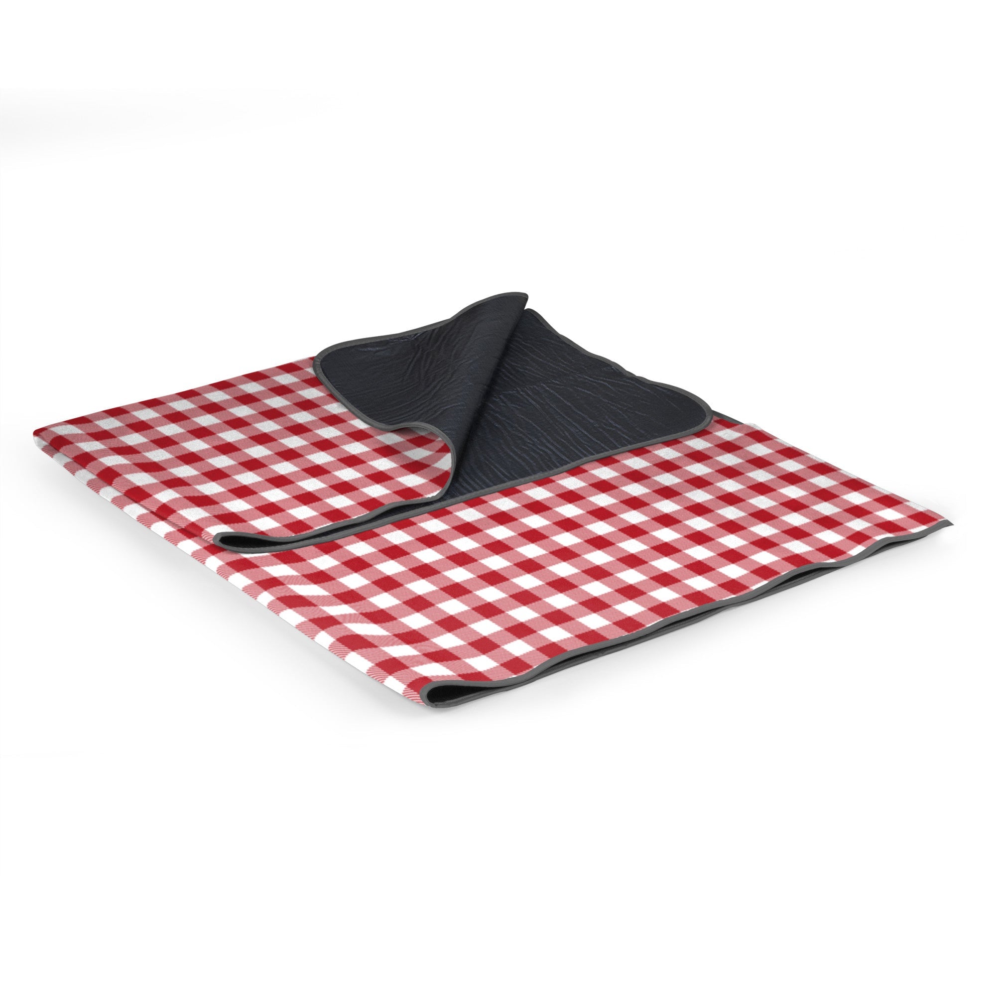 Red and white checkered blanket with black border on a white background