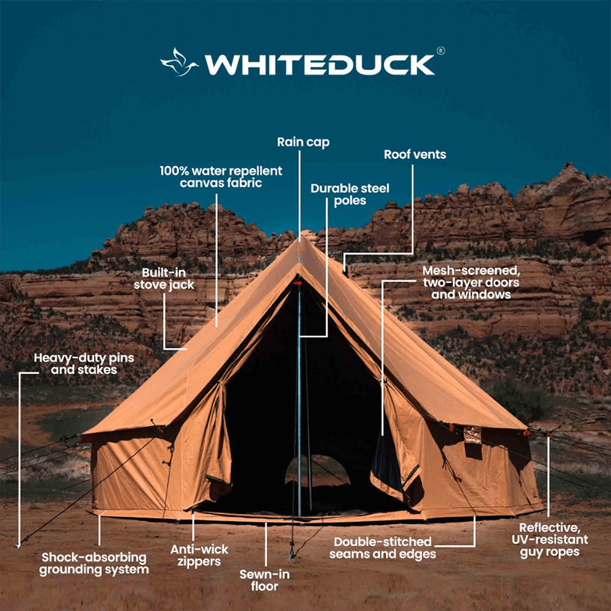 Brown tent with features labeled against a desert landscape background, featuring the Whiteduck brand.