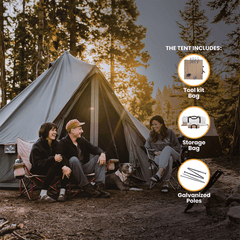 People sitting in front of a tent in a forest with camping gear features displayed.