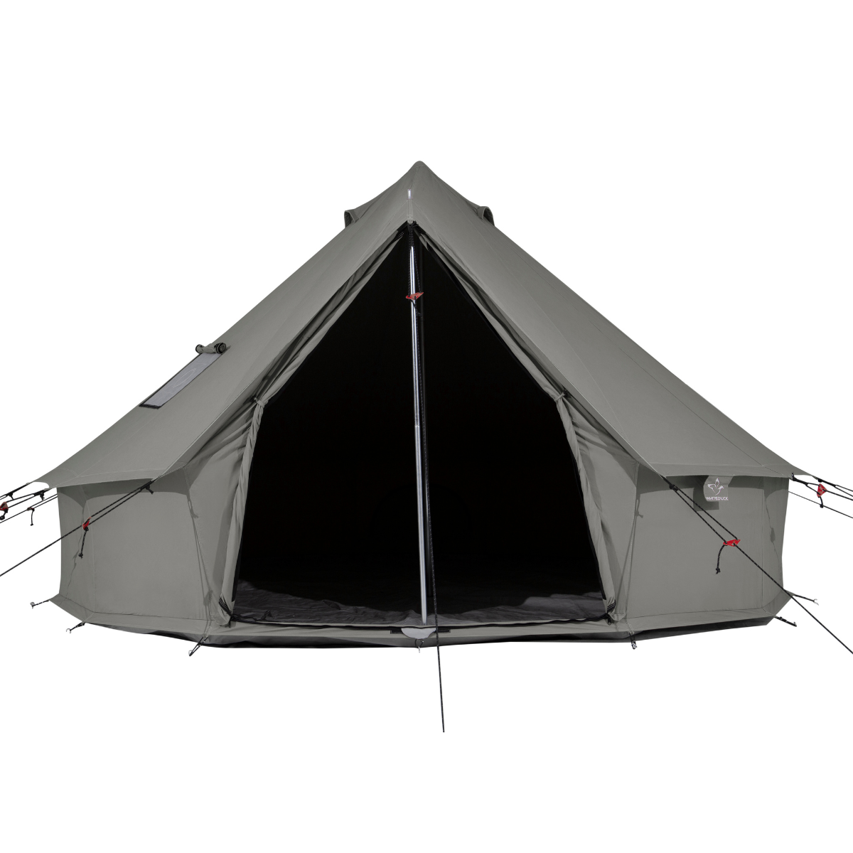 Gray camping tent with a black interior on a white background