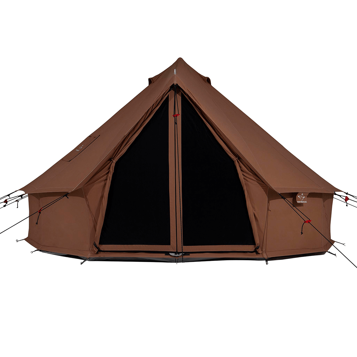 Brown tent with a black interior on a white background