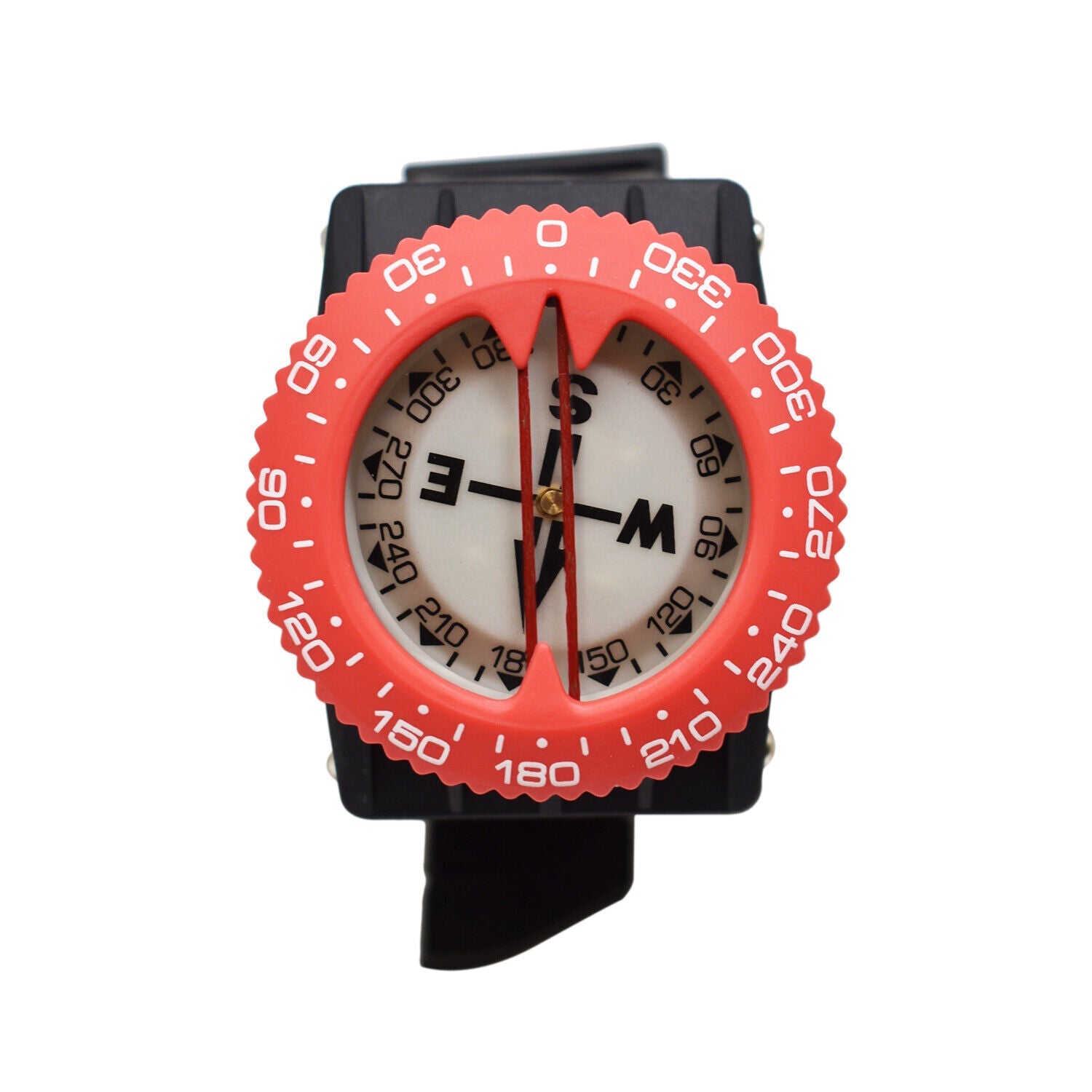 Wristwatch with a red compass-style dial on a white background