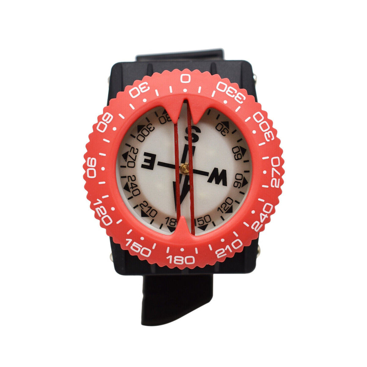 Wristwatch with a red compass-style dial on a white background