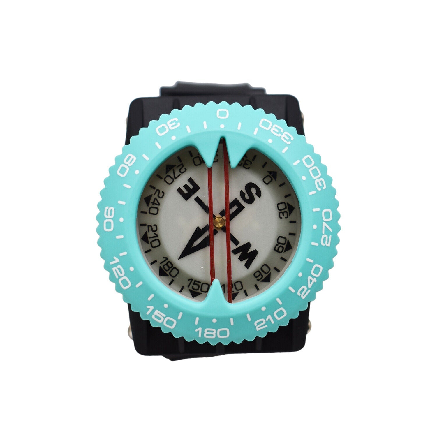 Wristwatch with a turquoise bezel and black strap on a white background