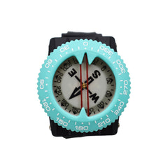 Wristwatch with a turquoise bezel and black strap on a white background