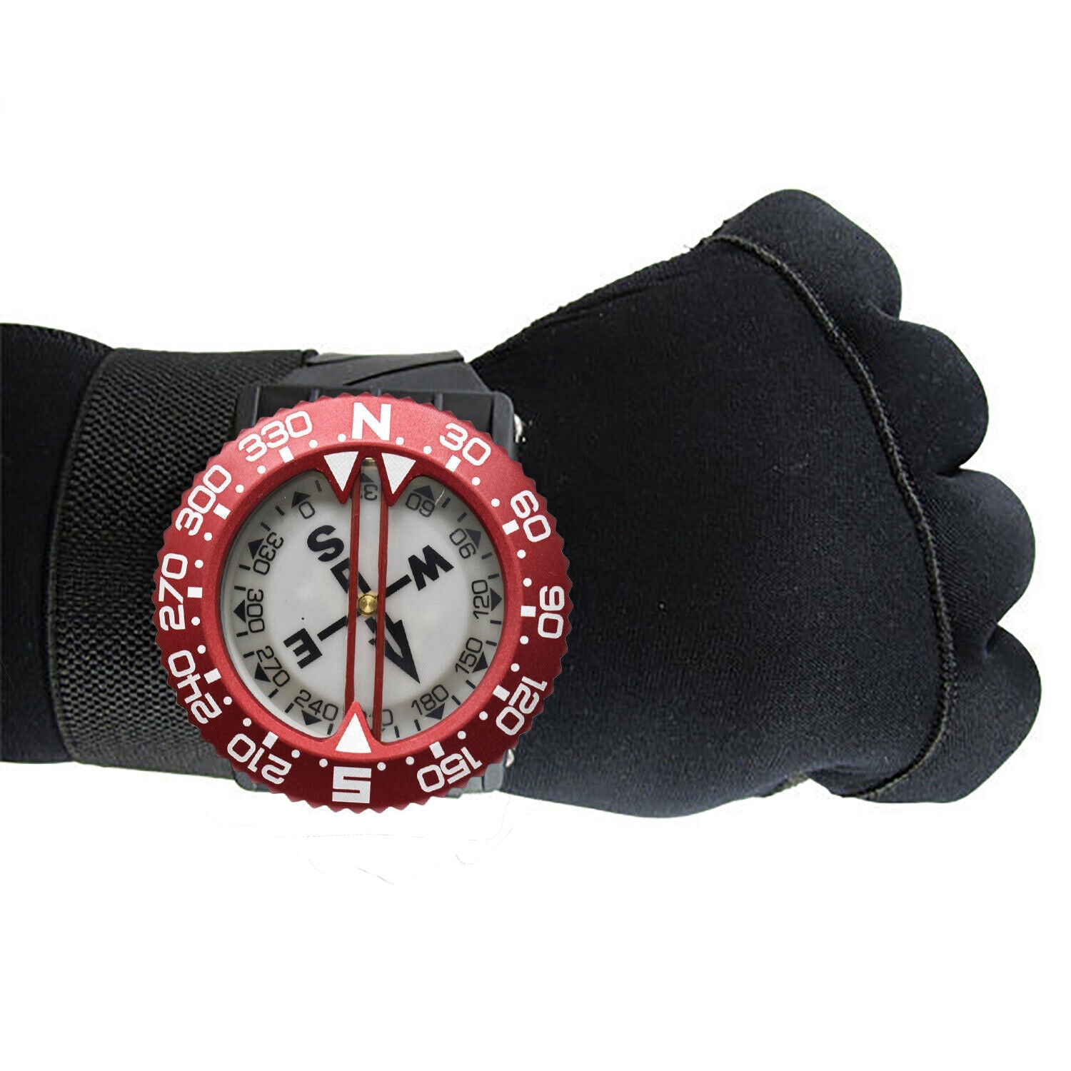 Black glove with a red and white watch on a white background