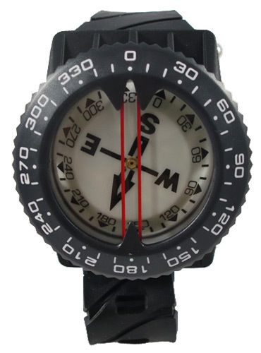 Black wristwatch with a compass face on a white background