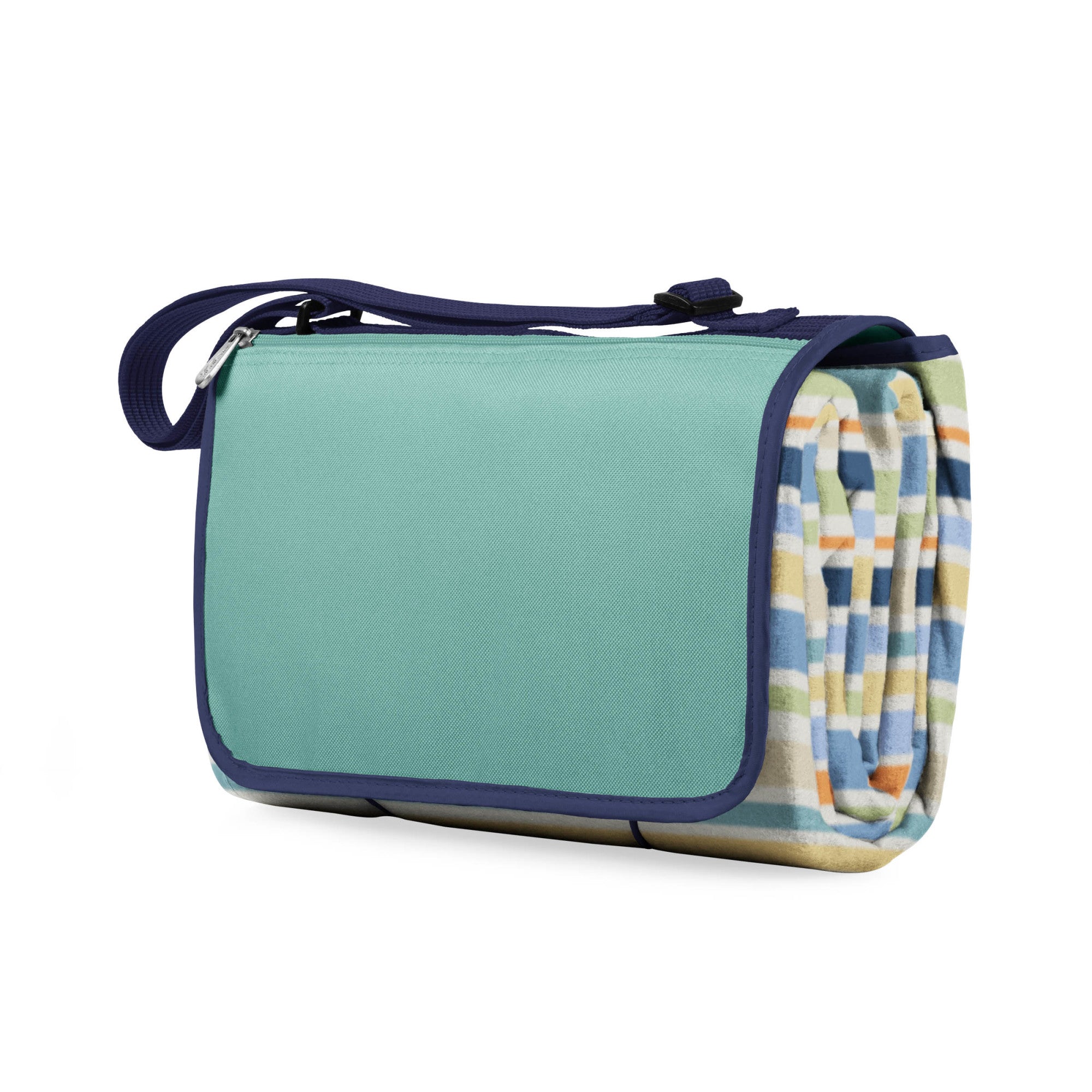 Teal picnic blanket with a plaid pattern on a white background