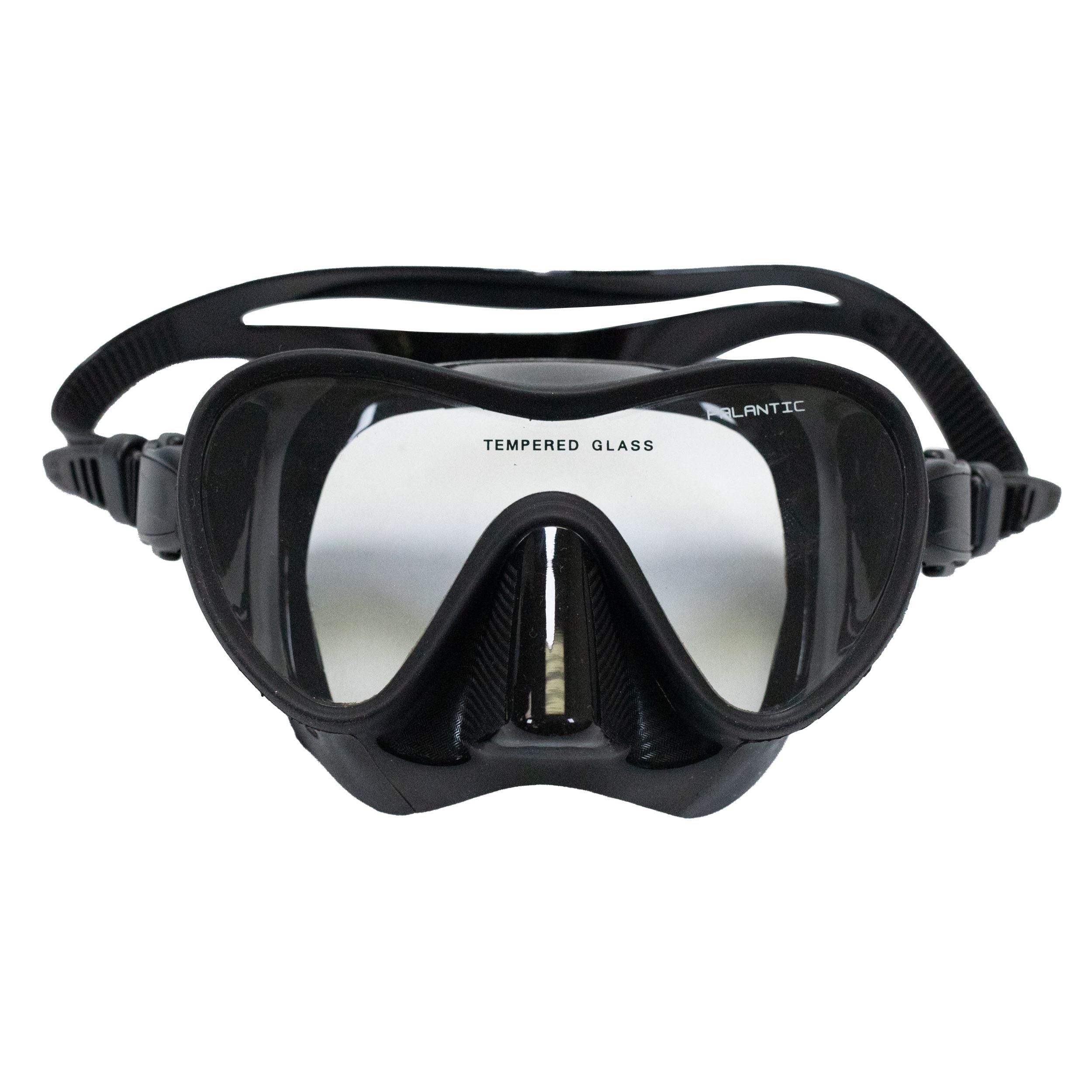 Black diving mask with silver lens on a white background