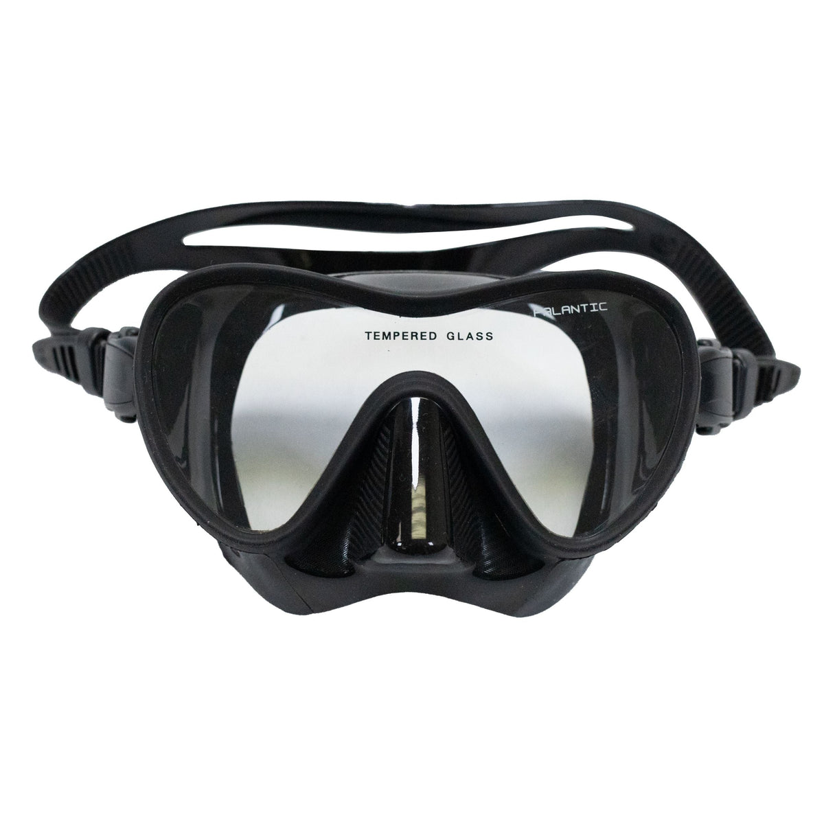 Black diving mask with silver lens on a white background