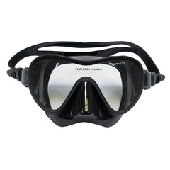 Black diving mask with silver lens on a white background