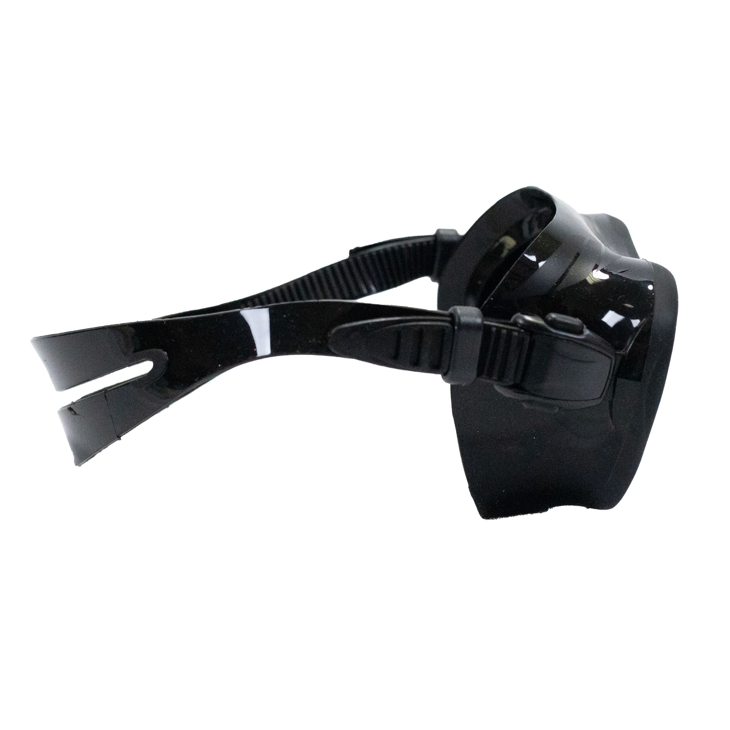 Black diving mask and snorkel set on a white background