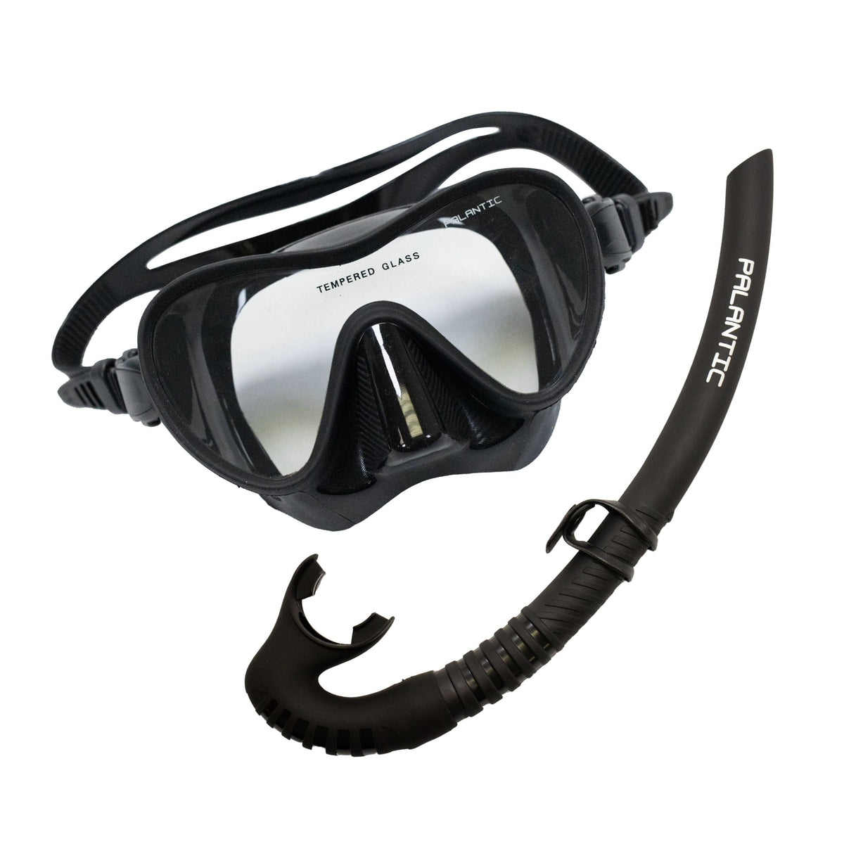 Black diving mask and snorkel set with 'Palantic' branding on a white background