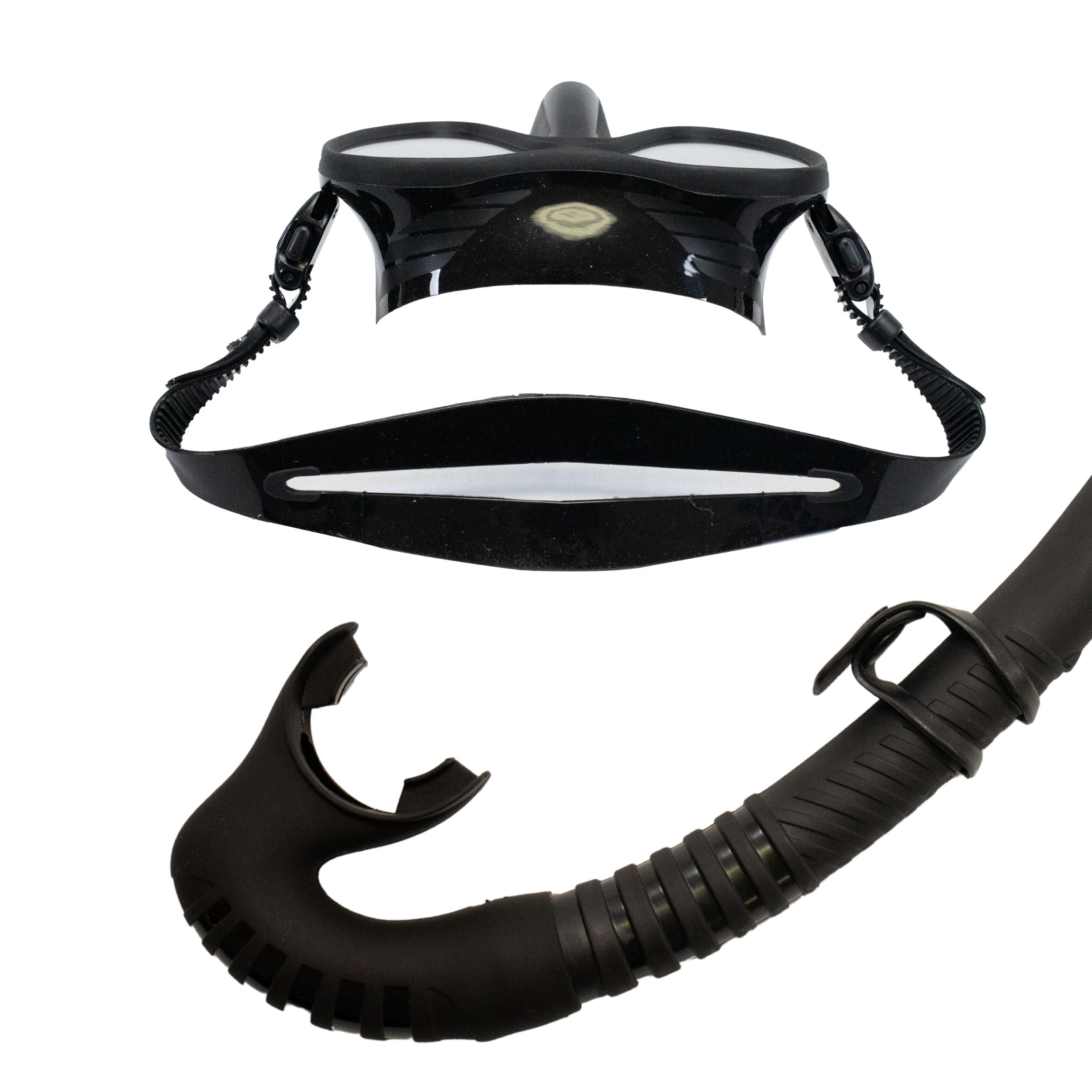 Black diving mask and snorkel set on a white background