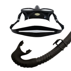Black diving mask and snorkel set on a white background