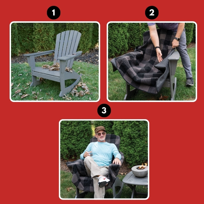 Collage of a gray Adirondack chair, a person covering it with a blanket, and a man sitting on it outdoors.