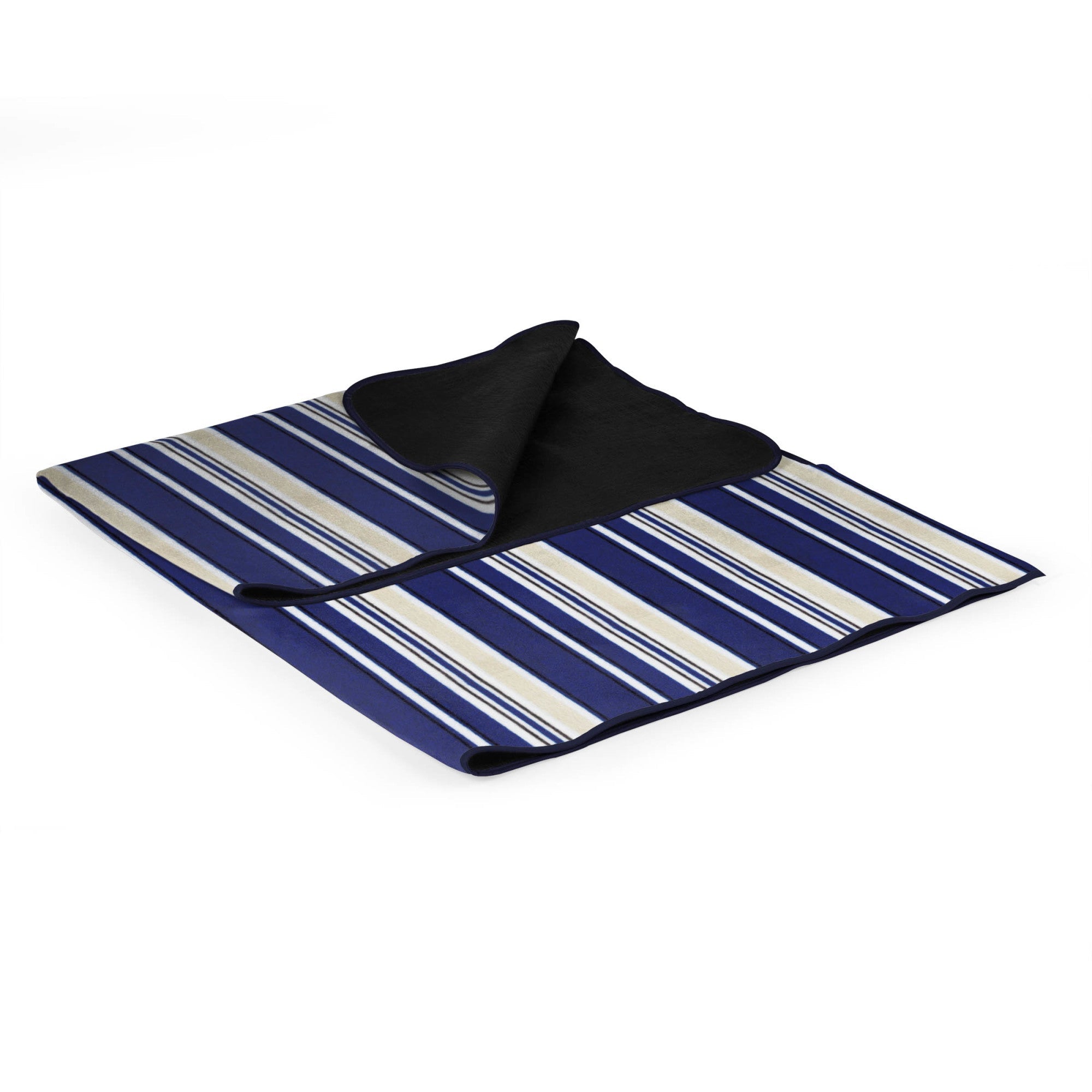 Striped blue and white blanket with a black border on a white background
