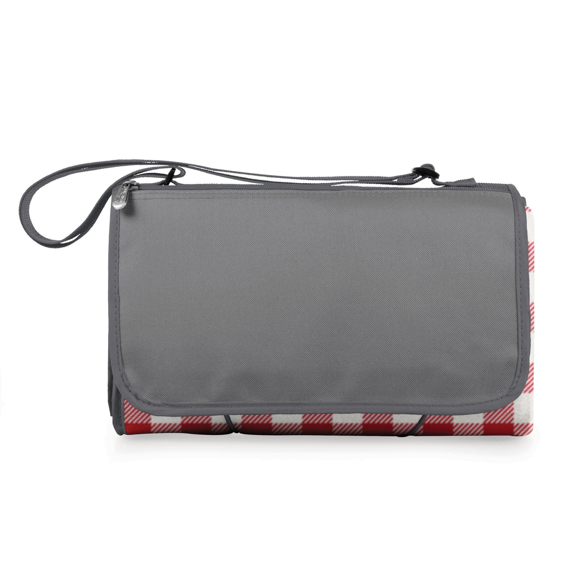 Gray bag with a red and white checkered pattern on a white background