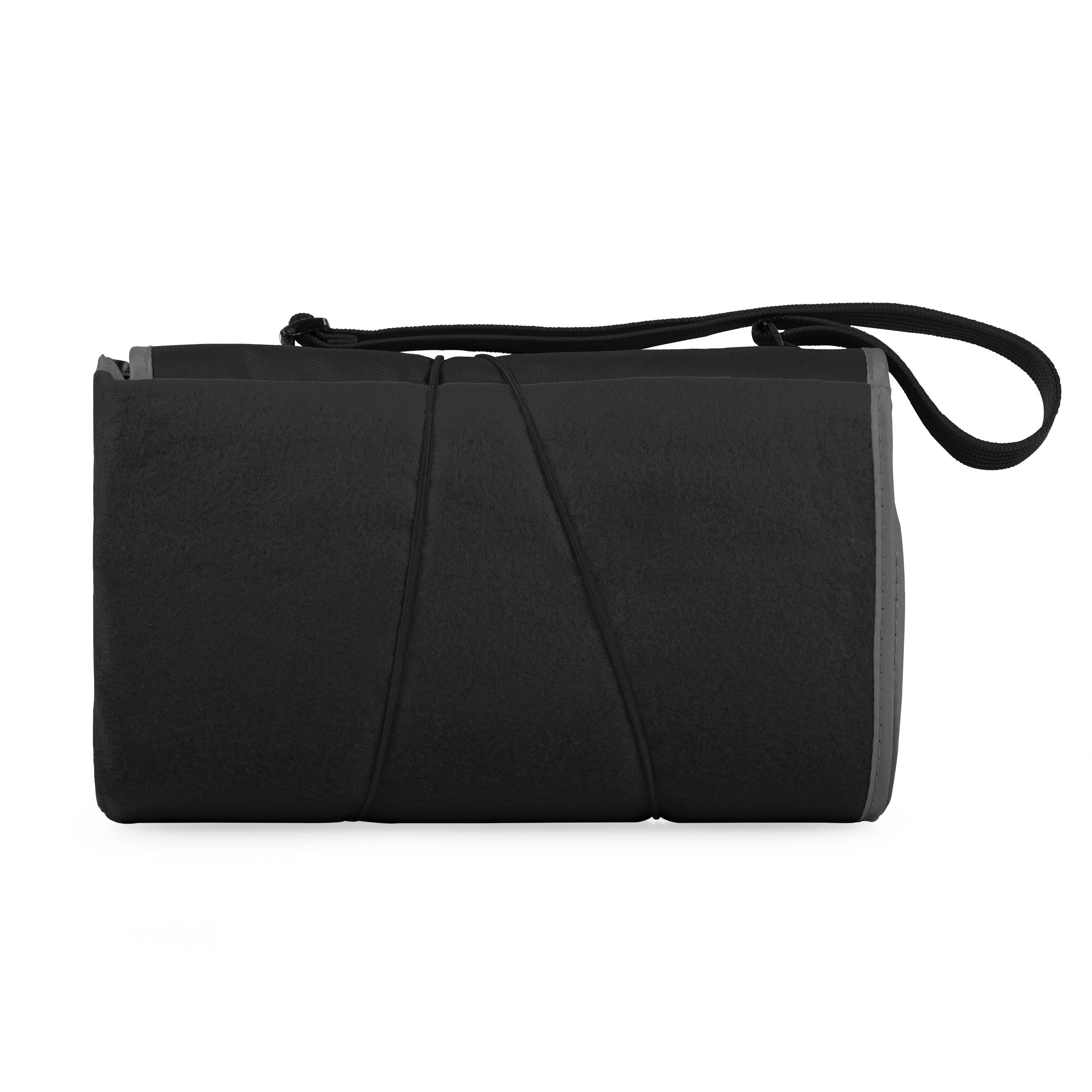 Black duffel bag with a strap on a white background