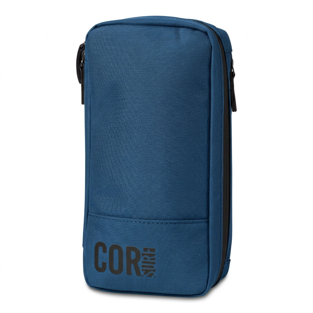 Blue pouch with 'CORE' branding on a white background