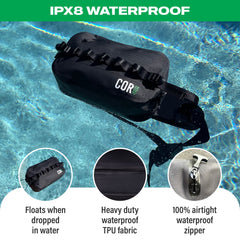 Black waterproof bag with COR branding, floating in water with features highlighted.