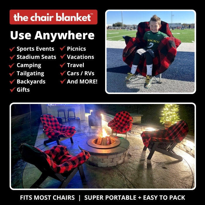 Chair blanket product with usage scenarios including sports events, picnics, and tailgating.