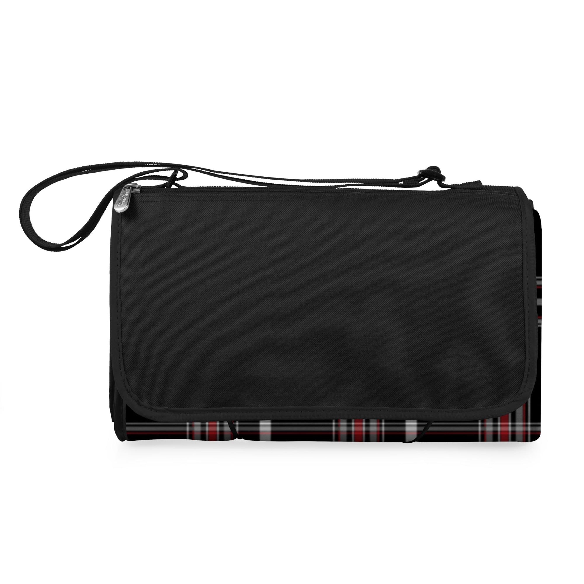 Black bag with tartan pattern on a white background