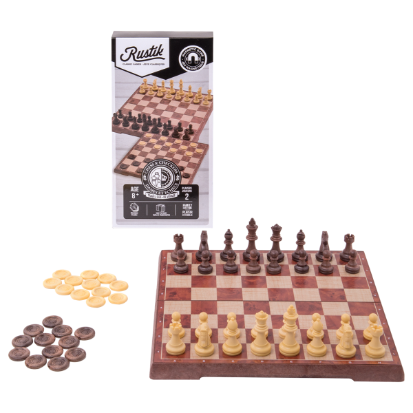 Wooden chess set with pieces and board, including Rustik packaging.