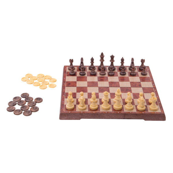 Wooden chess set with pieces on a checkered board