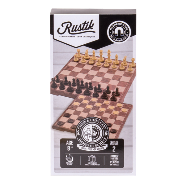 Rustik magnetic chess and checkers set packaging on a white background