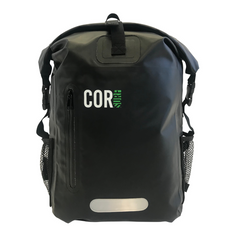 Black backpack with 'COR' branding on a white background