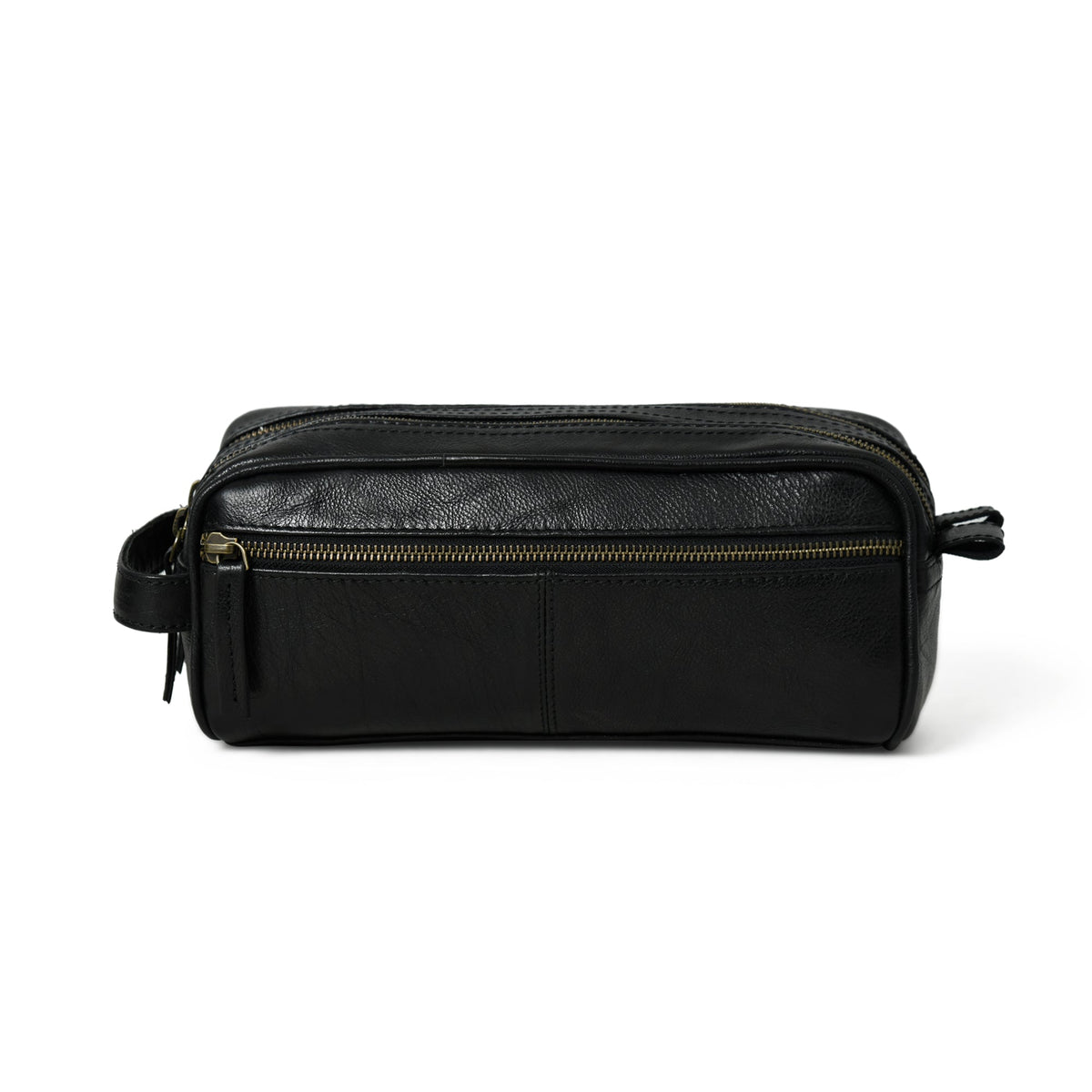 Black leather dopp kit with zipper on a white background