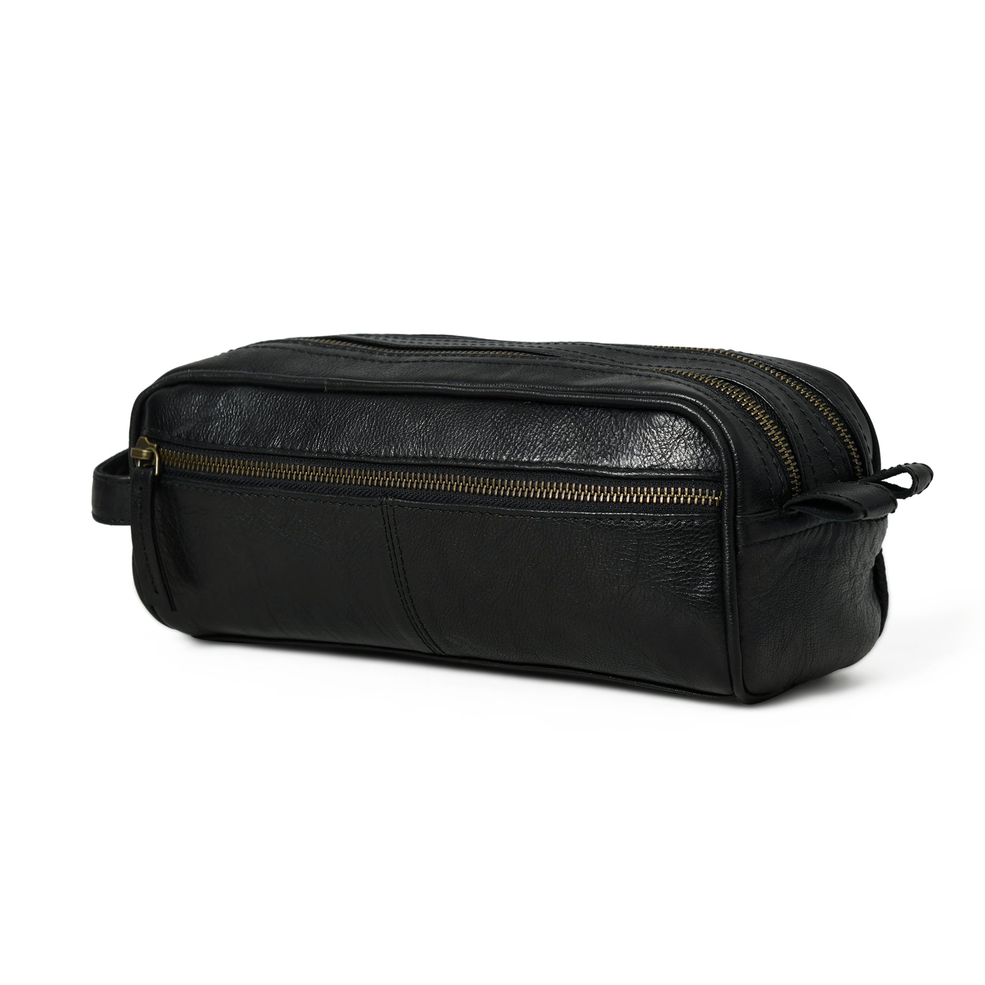 Black leather toiletry bag with gold zipper on a white background