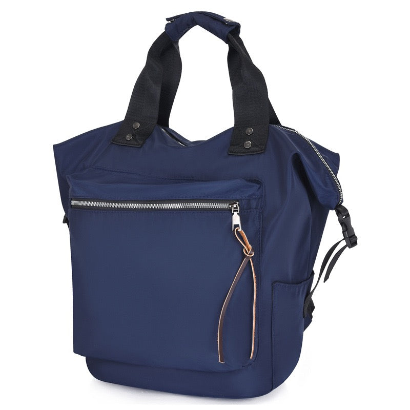 Blue backpack with black straps on a white background
