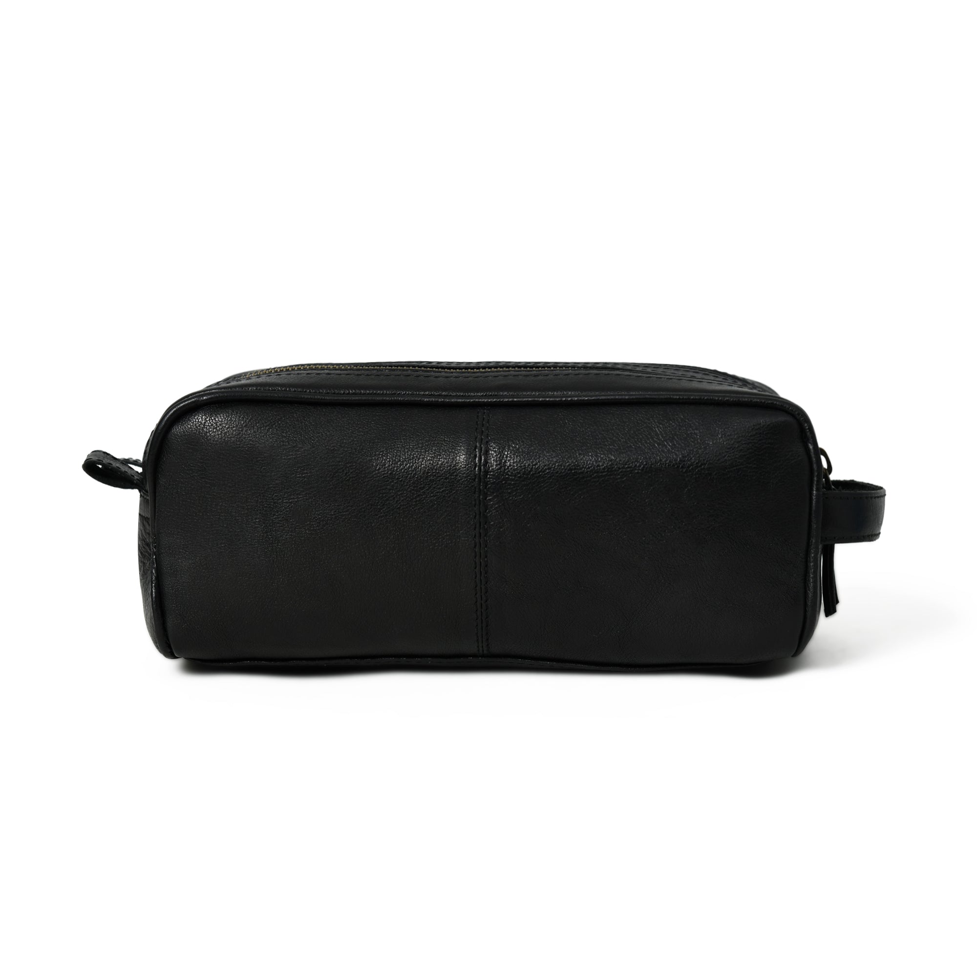 Black leather toiletry bag on a white background