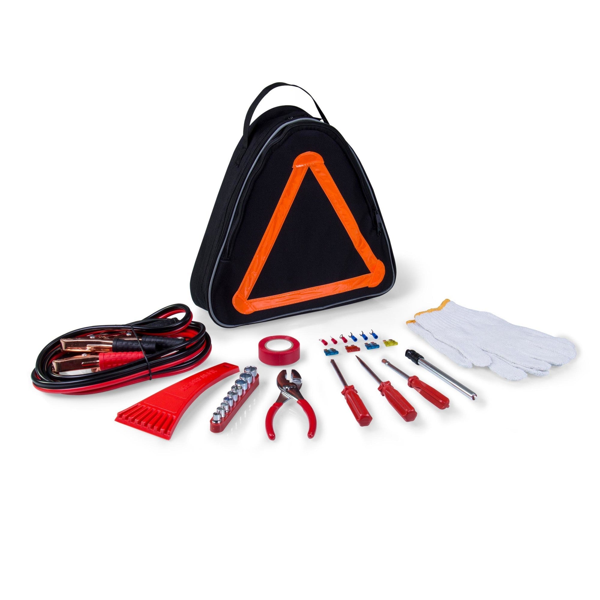 Car emergency kit with triangle sign, jumper cables, tools, and gloves on a white background