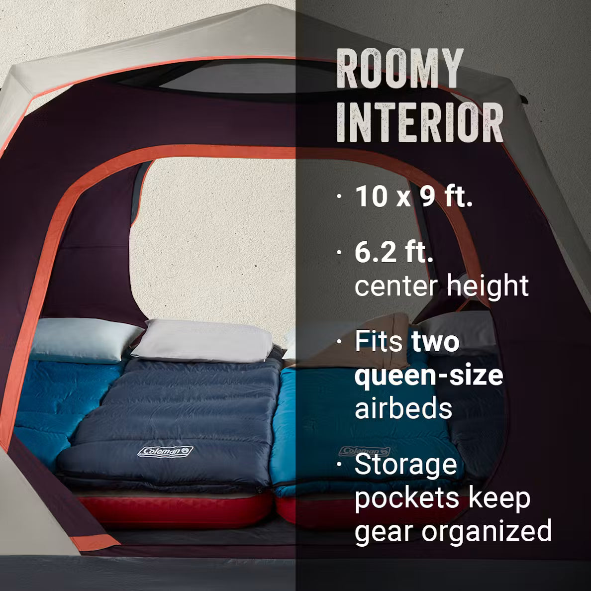 Camping tent interior with sleeping bags and Coleman logo, featuring text about dimensions and features.