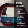 Camping tent interior with sleeping bags and Coleman logo, featuring text about dimensions and features.