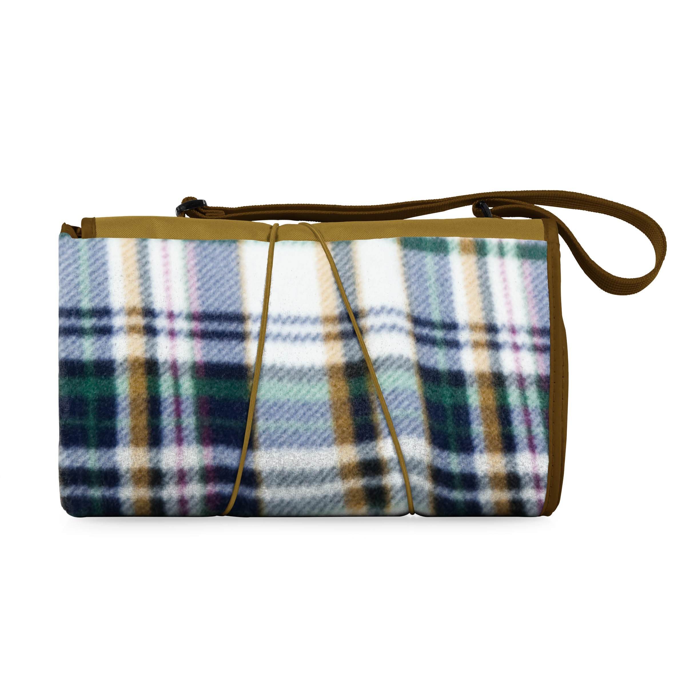 Plaid patterned bag with a strap on a white background