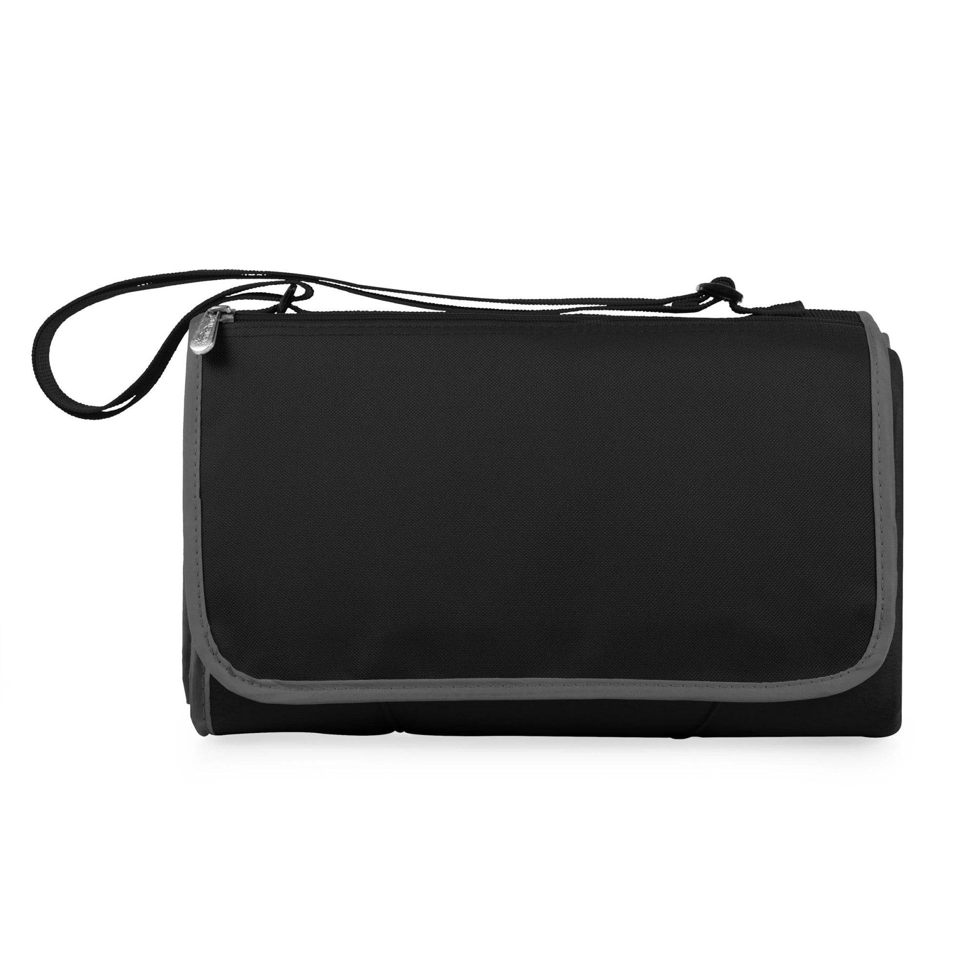 A black rectangular fabric pouch or organizer with a front flap, zip closure, and wrist strap, shown on a plain white background.